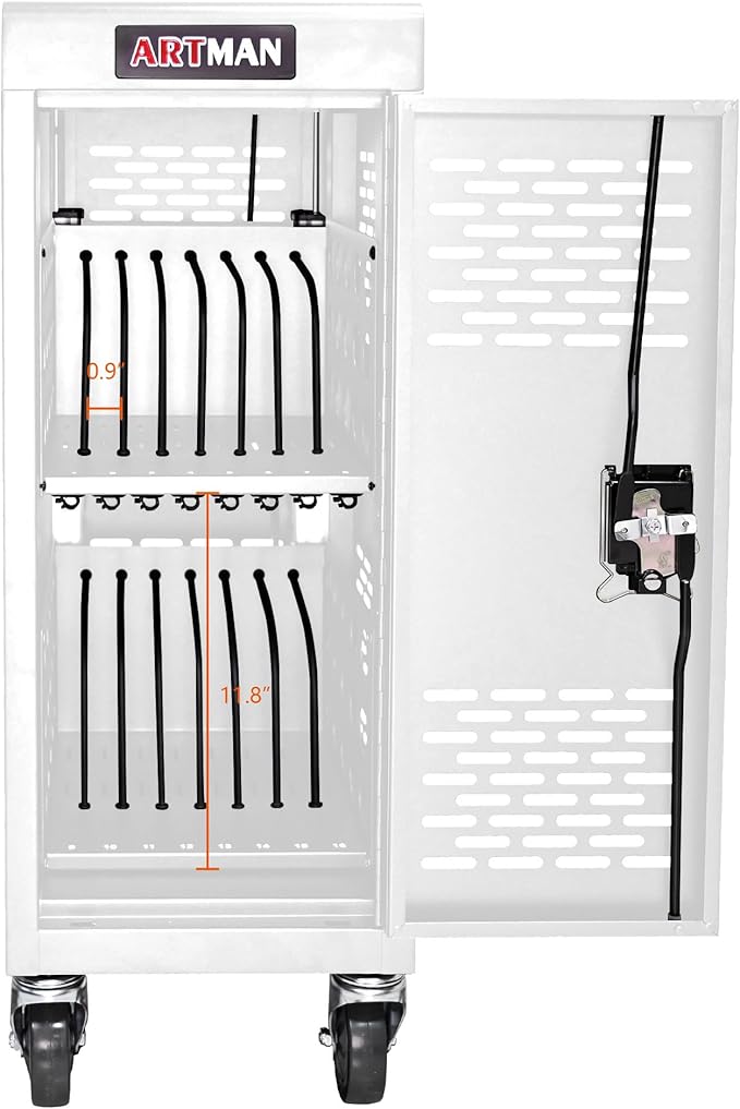 Laptop and Tablet Storage Cart, White Mobile Charging Cart and Cabinet for 16 Devices, with Charging Port Screen Size Up to 14", Fits Chromebook, Tablet, Laptop, Suitable for School, Business, Office