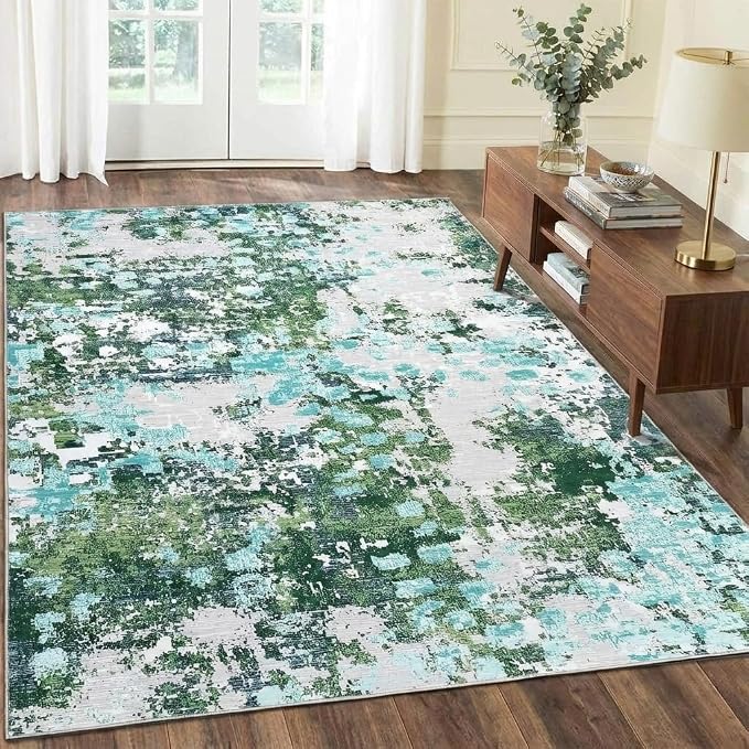GAOMON Washable Modern Abstract 4x6 Small Area Rugs Non Slip Soft Bedroom Rug Low Pile Dining Room Carpet Mat Colorful Abstract Throw Rug for Nursery Office Entrance, Green/Turquoise
