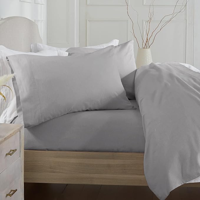 Market & Place 100% Turkish Cotton Flannel Sheet Set | 4 Piece Deep Pocket Solid Cozy Winter Bed Sheets | Double Brushed for Extra Softness & Comfort | Chalet Collection (Full, Dark Grey)