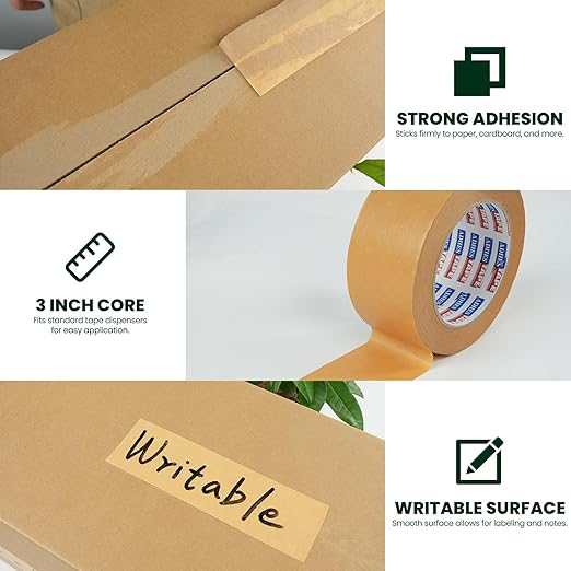 ADHES Kraft Paper Tape, 2 Inch x 44 Yards, 36 Rolls Writable & Uncoated Heavy Duty Paper Tape, Biodegradable Brown Packing Tape for Sealing, Packaging & Moving