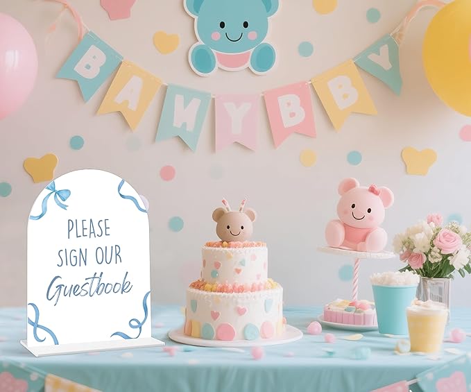 Please Sign Our Guestbook Sign - Blue Bow Baby Shower Sign, 1 Pack Arch Acrylic Sign with Stand, Gender Reveal Party Table Decor, Blue Baby Shower Supplies (SP12)