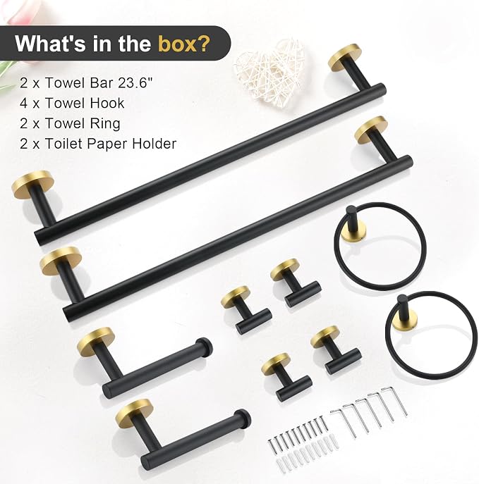 TQKAG Black and Gold Bathroom Hardware Accessories Set 10-Pieces, Premium SUS304 Stainless Steel Bathroom Towel Bar Holder Set 23.6 Inch Round Towel Racks for Bathroom Wall Mounted
