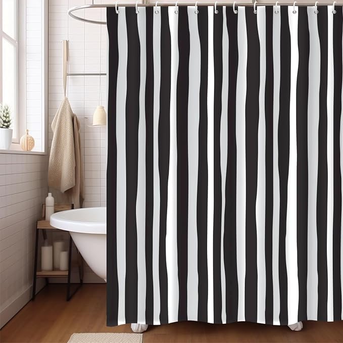 Black and White Shower Curtain, Striped Boho Minimalist Modern Waterproof Fabric Machine Washable for Bathroom Decor Bathtub with Hooks 72x72