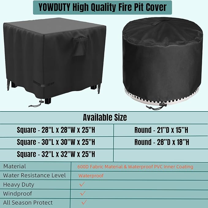 YOWDUTY Propane Fire Pit Cover Square 30 Inch, Waterproof Heavy Duty 600D Gas Fire Pit Table Cover 30 x 30 x 25 Inch, Fit 28-30 Inch Firepit Table, All-weather Protection For Patio Fire Table