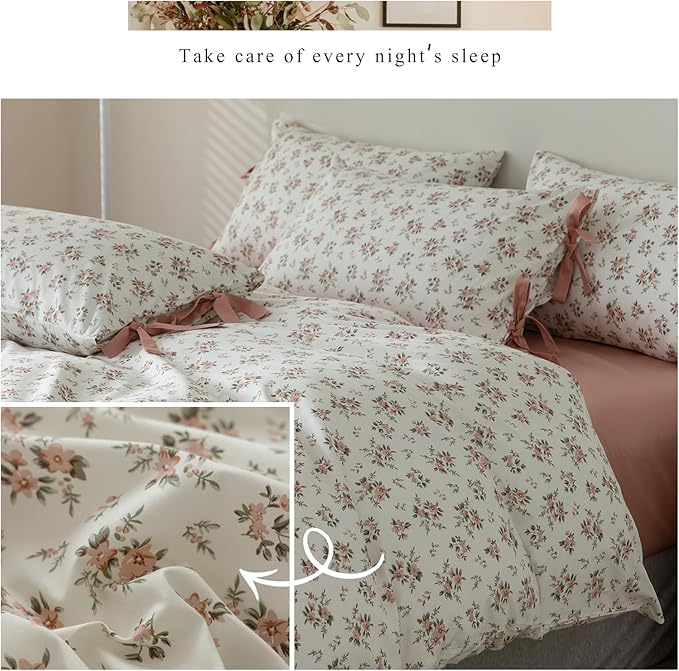 EAVD Vintage Style Garden Pink Floral Duvet Cover Full White Soft Cotton Chic Shabby Pink Floral Bedding Set with 2 Pillowcases Reversible Fresh Botanical Duvet Cover with Zipper Closure