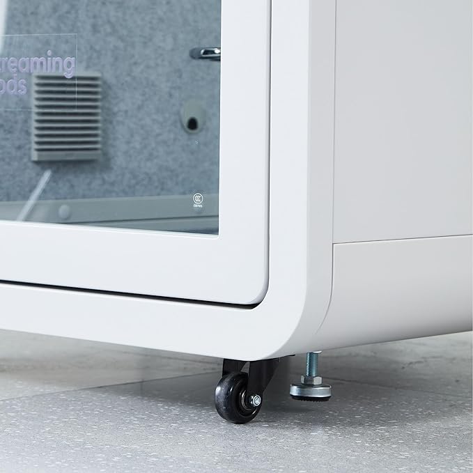 Mobile Office Pod Booth, Solo Soundproof Pod with High-Density Acoustic Panels, Premium Sound Pod with Silent Ventilation, Wheels and Feet, Build-in Table, LED Lighting System, USB Ports (White-Grey)