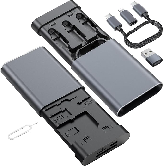Data Hub, Travel Rated Multi-Card Reader, and 65W 3-in-1 Charging Cable, Nano-Sim-TF-SD, Card Storage, Lighting, USB-C, USB-A Connectors, iOS/Win/Mac/Android, Compact Aluminum Case, No Loose Wires.
