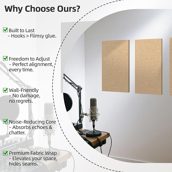 Art3dwallpanels 4 PCS Acoustic Panels, 24''x12'' Fabric Soundproof Wall Panels, Easy-Hook Mounting Sound Absorbing Panels for Studios, Office, Home Theater, Camel