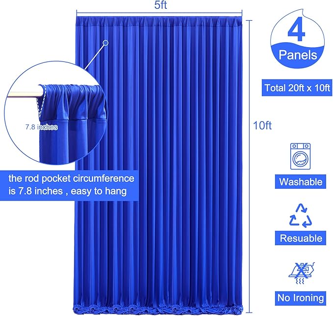 4 Panels Royal Blue Backdrop Curtain for Parties Wrinkle Free Blue Photo Curtains Backdrop Drapes Fabric Decoration for Wedding Birthday Party Baby Shower 20ft(W) x 10ft(H)