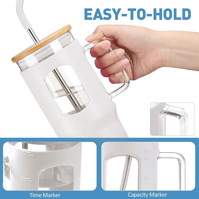 Glass Tumbler with Straw and Lid, 32 oz Glass Cup with Handle, Glass Water Bottles with Time Marker, Silicone Protective Sleeve - White