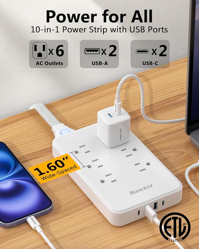Innovative Power Strip, Cord Removable Design, Huntkey 6 Outlets Surge Protector with 4 USB Ports (2 USB-C, 2 USB-A), ETL Listed, Customize Cord Length