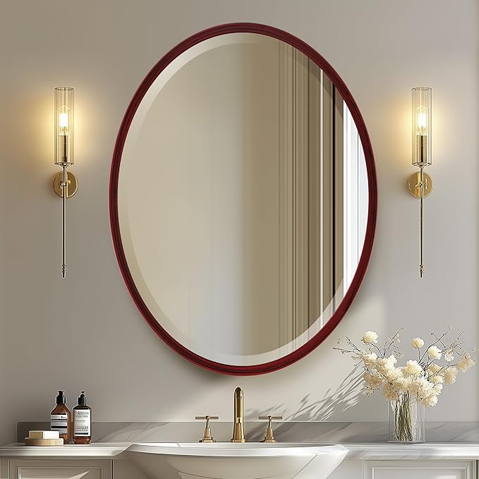 OVALCREST - Oval Wooden Beveled Wall Mirror for Home Decor, Bathroom, Vanity, Bedroom, Living Room, Hallway - London Style (Black Cherry) 29.1 x 23.1