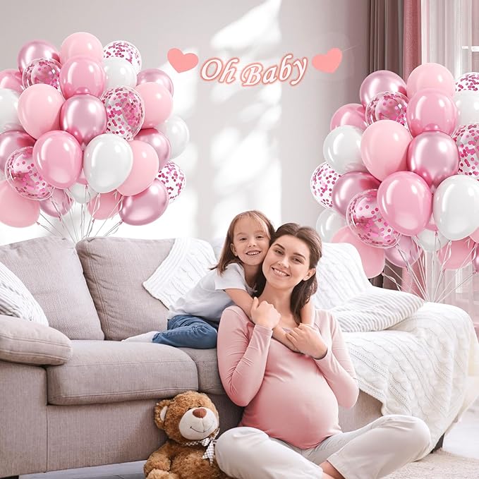 Light Pink and White Balloons, 60pcs 12inch Pearl Light Baby Pink Confetti White Balloons for Wedding Bridal Shower Baby Shower Pink Birthday Decorations