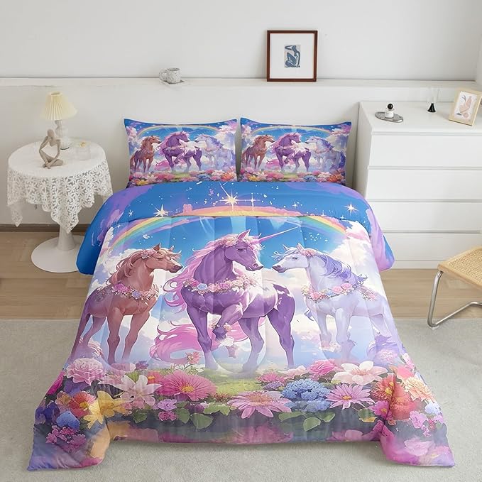 Castle Fairy Dreamy Unicorn Comforter Set King Size,Rainbow Blue Sky Colorful Flowers Reversible Bedding Set All Season Quilt Set,Cartoon Animal Floral Galaxy Microfiber Polyester Down Comforter