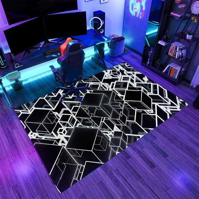 3D Geometric Area Rugs, Black White Block Pattern Carpet, Washable Non Slip Low Pile Soft Rug for Living Room Bedroom Decor Mat 3x4ft(Small)