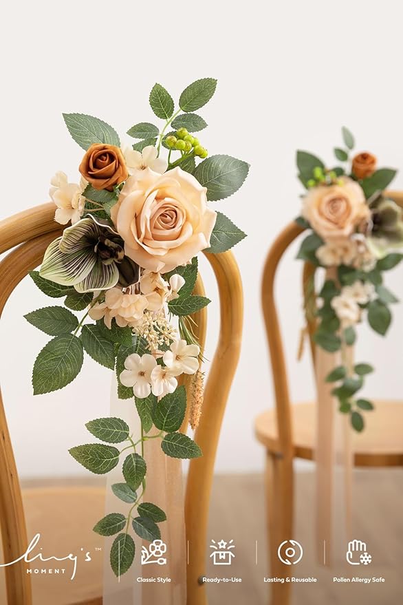 Ling's moment 8 Wedding Artificial Aisle Pew Flowers Chair Decorations Arrangements with Chiffon Ribbons Apricot Sage for Ceremony Reception Chair Back Floral Decor Reception Church Party Outdoor