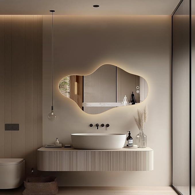 55″x31.5″ Modern Irregular LED Bathroom Mirror with Lights, Asymmetrical Frameless Smart Lighted Wall Mirror for Living Room Entryway, Large Decorative Makeup Vanity Mirror with Touch Switch