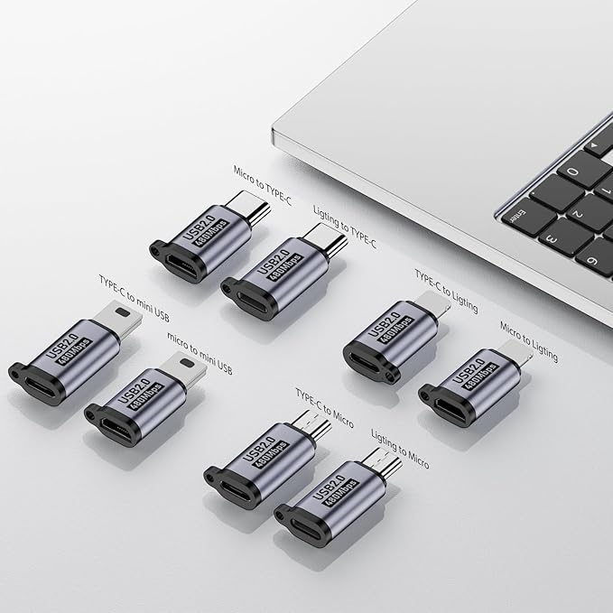 USB C to Micro USB/Mini USB/Lighting Adapter, Light-ning to USB C/Micro USB Converter, Micro USB 2.0 to Type C/Lighting/Mini USB Connector (8 Pack)