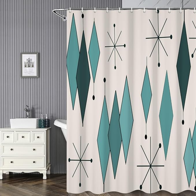 Mid Century Turquoise Shower Curtain Abstract Teal Diamond Geometric Atomic Starburst Pattern Beige Backdrop for 1950s Retro Bathroom Decor Shower Curtain Set with 12 Hooks, 72x72 Inches