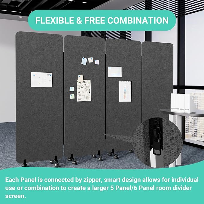 Soundproof Room Divider W/Wheels, 66in Office Dividers for Sound Proofing & Reducing, Sound Proof Dividers for Office Partitions Portable Acoustic Wall Divider (Dark Grey, 4 Panel-95''Wide)