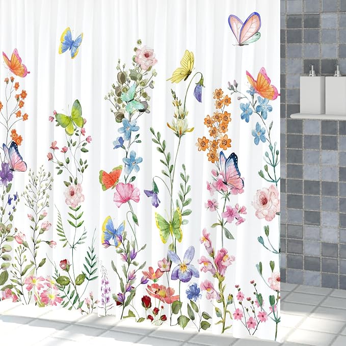 Spring Floral Butterfly Shower Curtain Summer Colorful Wildflowers Botanical Shower Curtain for Rustic Vintage Bathroom Decor Easter Shower Curtain Set 69x70 Inches