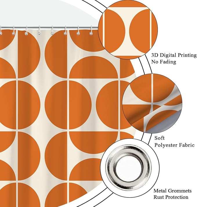 Orange Mid Century Modern Shower Curtain, Boho Abstract Geometric Retro Art Bath Curtains For Bathroom, Colorful Unique Pattern Waterproof Polyester Fabric Bathroom Accessories Set 12 Hooks 36X72IN