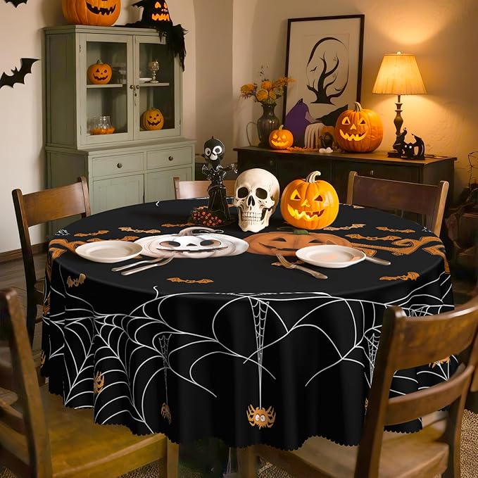 Eikione Round Halloween 70In Tablecloth, Spider Haunted House Decorative Table Cloth, Waterproof and Washable Fabric Table Cover for Party Kitchen Dining Room