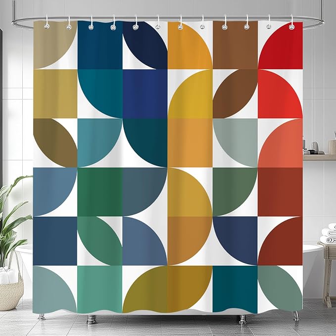 Colorful Mid Century Modern Shower Curtain, Boho Abstract Geometric Retro Art Shower Curtains for Bathroom, Rainbow Unique Cute Pattern Polyester Fabric Bathroom Set 12 Hooks 60X72IN
