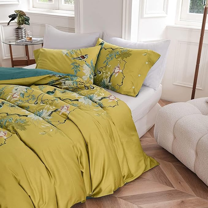 Garden Style Bird Duvet Cover Twin XL Vintage Boho Floral Duvet Cover Cotton Flowers Comforter Cover on Gold Yellow Bedding Set Farmhouse Floral Bedding Comforter Cover with 2 Pillowcases Twin XL Size