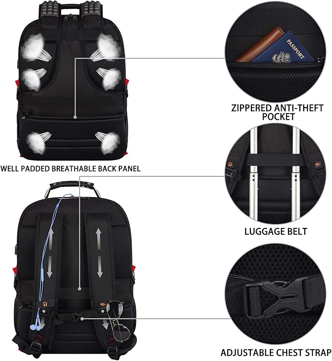 JCDOBEST Laptop Backpack, Red, 55L Capacity, TSA Approved, RFID Anti-Theft, USB Charging Port, Headphone Hole, Back Luggage Strap, Chest Strap, Laptop Backpack