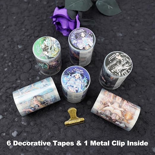 AuriicLeaf Magic-Themed PET Sticker Tape Set – 6 Rolls Pre-Cut Fantasy Witch Designs, Adhesive, with Clip for Scrapbook, Journal and DIY Decoration