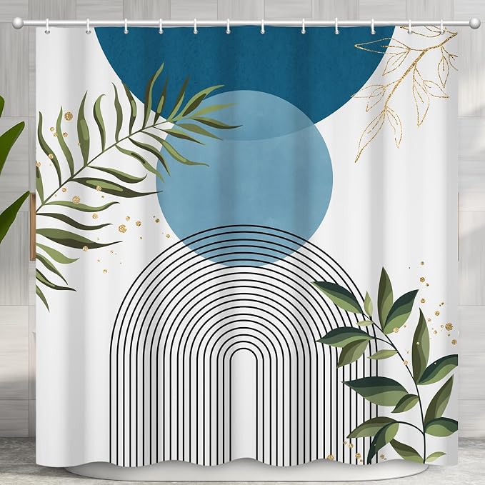 Boho Mid Century Shower Curtain, Light Blue Modern Minimalist Abstract Geometric Gold Plant Leaves Sun Arch Bathroom Curtains Waterproof Fabric Buthtub Curtain Set with Hooks 36" Wx72 L