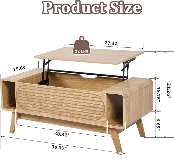 Small Lift Top Coffee Table with Hidden Compartment, Mid Century Modern Curved Coffee Table with Storage Shelf, Wooden Rectangle Center Table with Lift Tabletop for Living Room, Office (Natural)