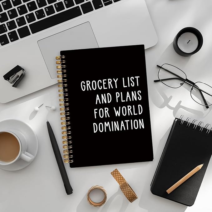 LIANGW Grocery List and Plans for World Domination Funny Notebooks Journal, Funny Gag Office Gifts for Coworkers, Office Notebooks, Funny Office Supplies, Black Hardcover Spiral Notebook 5.5x8.3 Inch