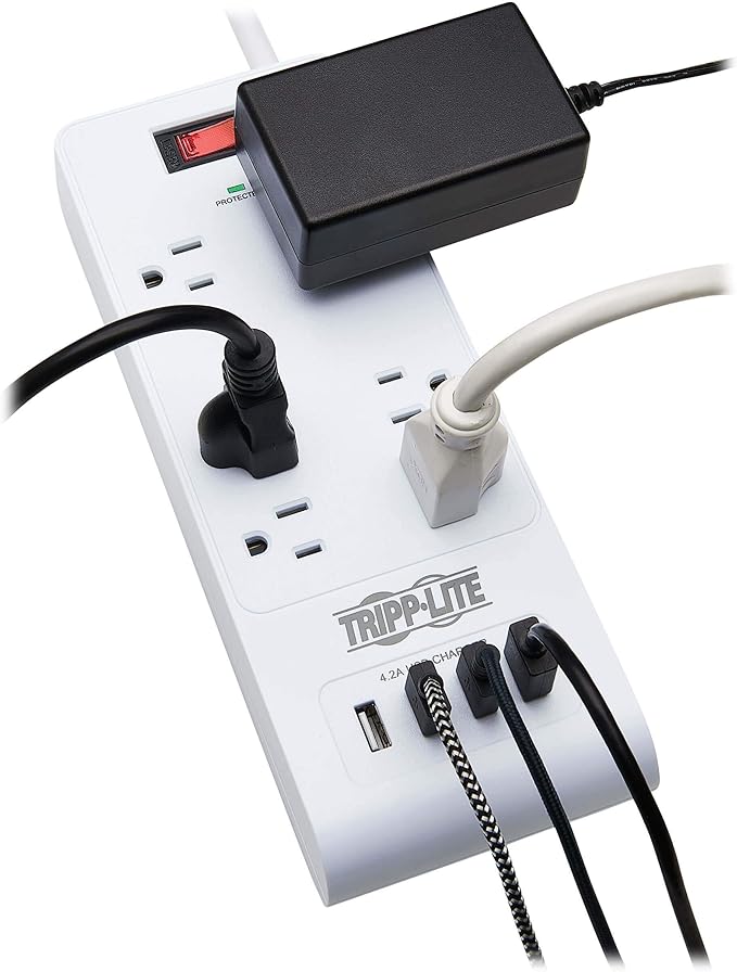 Tripp Lite 6 Outlet Surge Protector Power Strip 4 USB Ports 4.2A Fast Charge, 15 ft. Cord 900 Joules, White, (TLP64USBRA15)