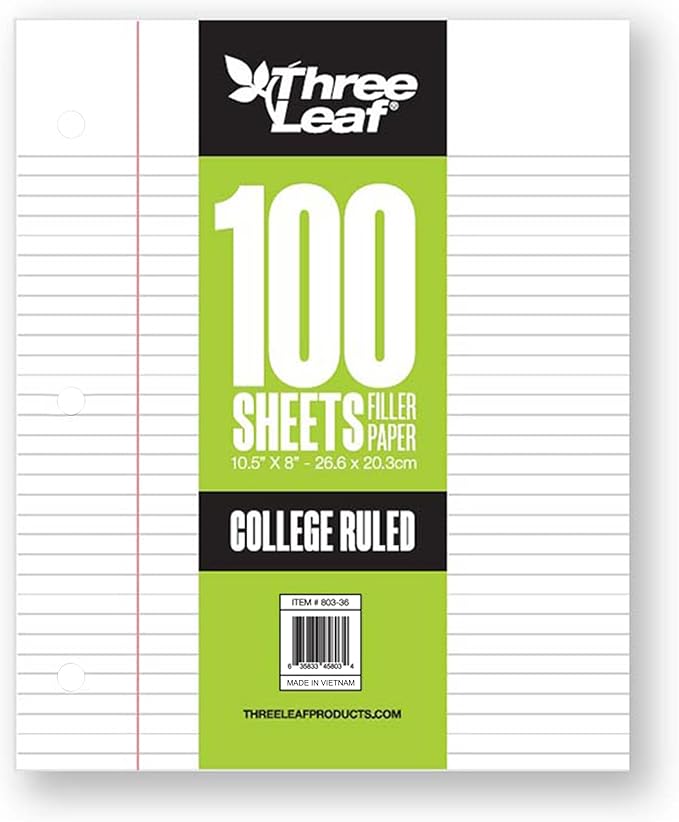 Three Leaf 100 Sheets College Ruled Filler Paper, 1728 Ct. (48 Cases X 36 Filler Paper), Loose-Leaf Sheets For School And Office