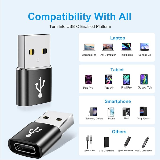 USB to USB C Adapter 8 Pack,USB C Female to USB Male Adapter,USBA to USBC Converter for iPhone 17 16 15 14 13,iPad,Tablet,Samsung Galaxy,Black