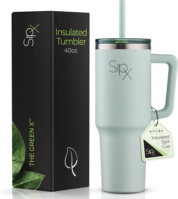 SIPX™ 40 oz Insulated Tumbler with Handle & Straw – Vacuum Insulated Stainless Steel, Leakproof, Cupholder Friendly – Perfect for Iced Coffee, Water & Travel – Green