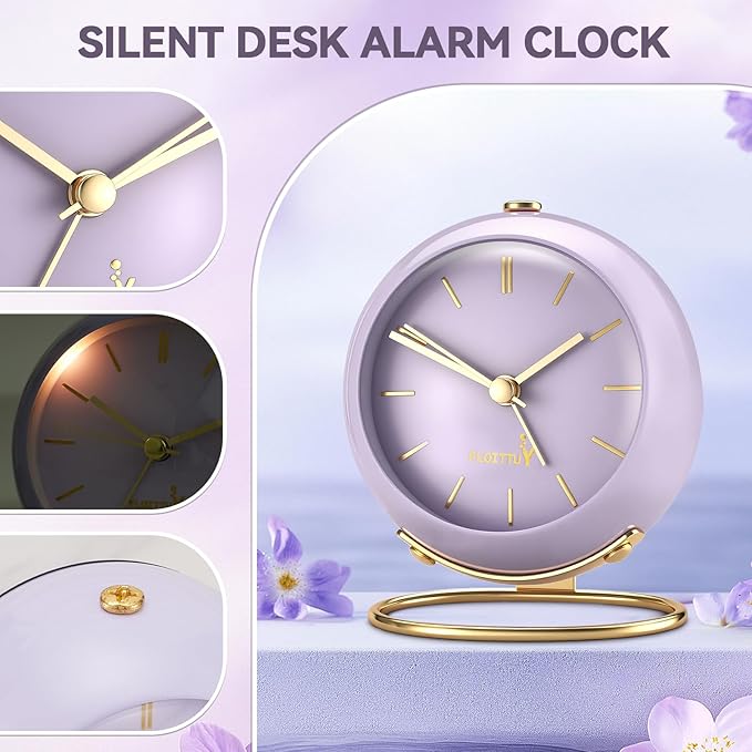 FLOITTUY Silent Table Analog Alarm Clock No Ticking, Lighted on Demand and Battery Operated, Beep Sounds, Small Desk Clock(Air Purple)