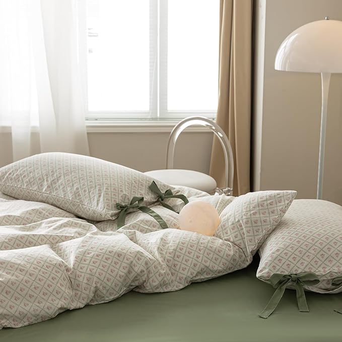 LifeTB Full Comforter Set Pink Flower Comforter with 2 Bowknot Pillowcases Chic Plaid Grid Prints Floral Bedding Comforter Boho Farmhouse Bedding Set French Country Style Botanical Comforter Set