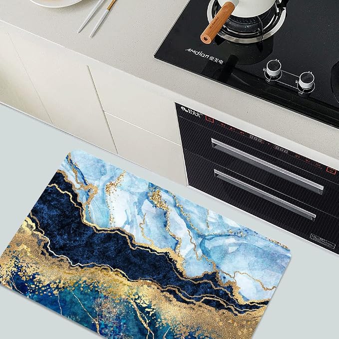 Diatomaceous Earth Bath Mat,Blue White Black and Gold Marble Non-Slip Volume Super Absorbent Fast Drying for Bathroom Kitchen Door mat,Eco-Friendly Easy to Clean 16×24Inch (40 * 60cm)