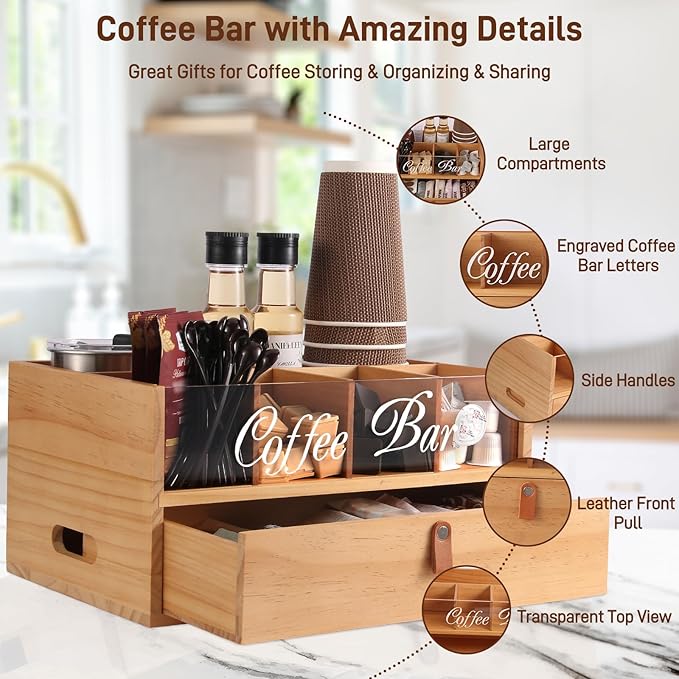 Intarsio 2-Tier Coffee Bar Organizer with Clear Acrylic Top, Built-in Drawer and Leather Handle Pull for Countertop, Stylish Coffee Station Storage Box for Accessories, Pods, Great Gifts for Home