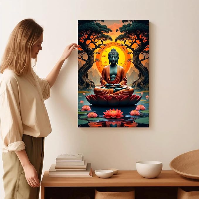 Canvas wall art Golden Buddha on lotus at sunset Ancient trees with reflections on water Serene meditation scene Uplifting wall art for mindfulness and tranquil home decor 24x36in Frameless