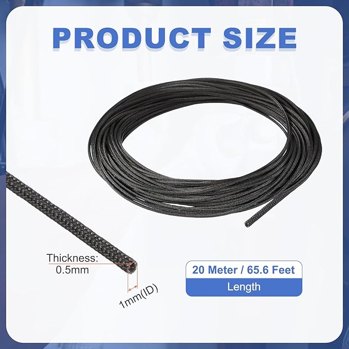 uxcell Insulation Cable Protector,1mm/0.04 Inch-20m/66 Feet High Temp Fiberglass Sleeve Black