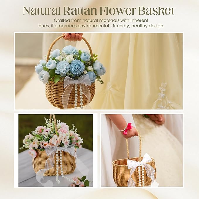 2 Pcs Wicker Rattan Flower Girl Basket with Bows and Pearl 11.8x8.7x5.1 Inches Rustic Wedding Basket for Flower Girl, Hand Woven Willow Storage for Ceremonies Home Decoration (Classic)