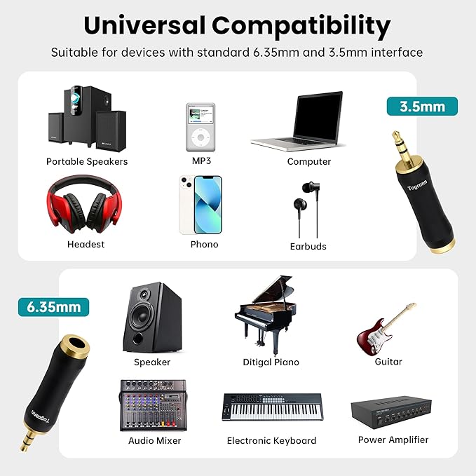 Togconn 1/8 Inch to 1/4 Inch Adapter 4 Pack, 3.5mm TRS Stereo Male to 6.35mm Quarter Inch Female Jack Plug Gold-Plated Pure Copper Audio Converter Connector Premium Quality Series