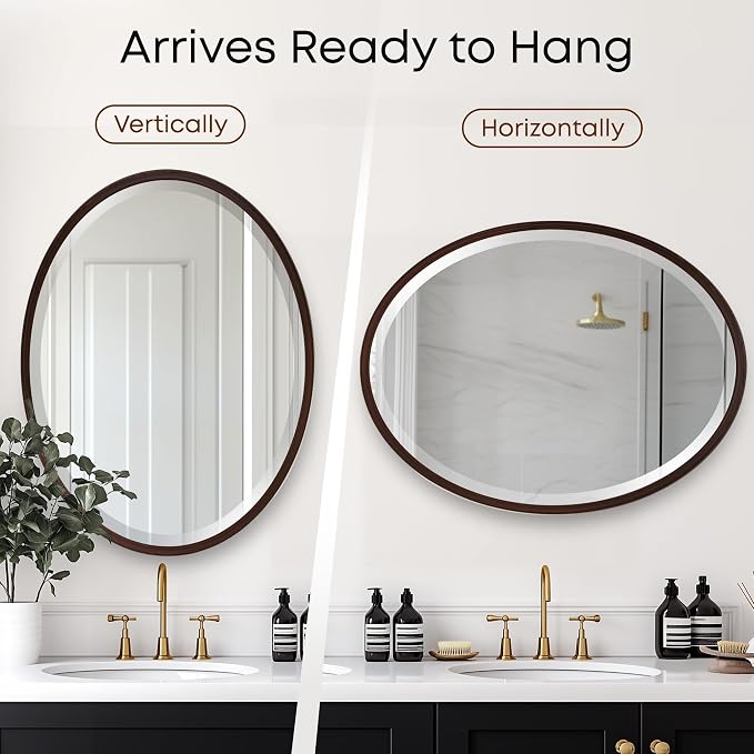 OVALCREST - Oval Wooden Beveled Wall Mirror for Home Decor, Bathroom, Vanity, Bedroom, Living Room, Hallway - London Style (Black Walnut) 37.1 x 25.1