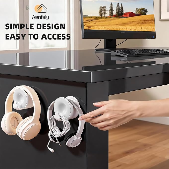 Aenfaiy Headphone Holder Wall Mounted, Under Desk Adhesive Headphone Hook, White Gaming Headset Stand Hanger for Desk with Cable Hook, Fits Slim On-Ear & Over-Ear Headphones| Headband Width Up to 30mm