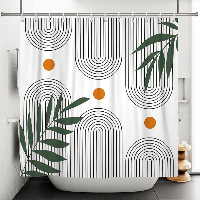 Boho Mid Century Shower Curtain Bohemian Minimalist Geometric Arch Sun Bathroom Curtain Sage Green Plant Polyester Shower Curtain Sets for Bathroom Extra Long 72x96 in with 12 Hooks