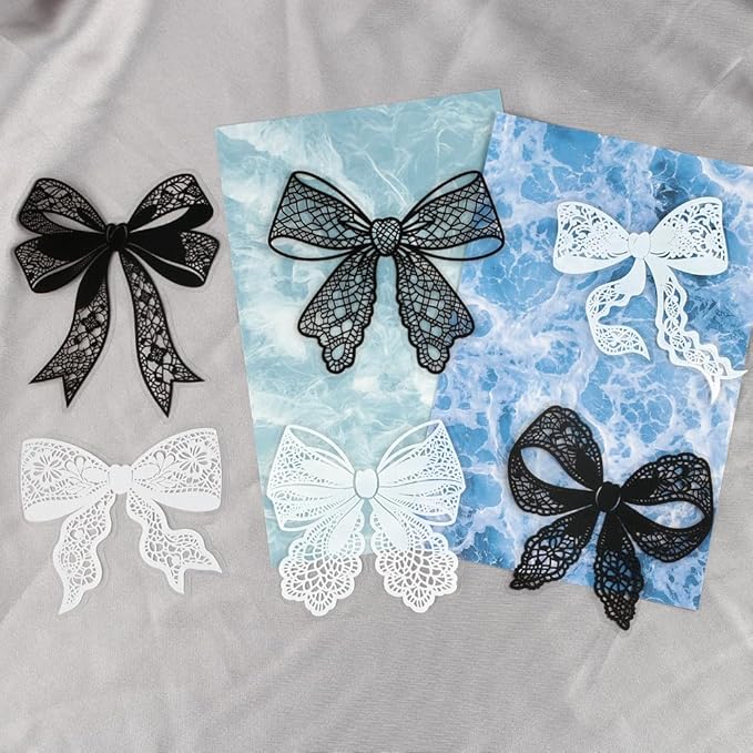 20Pcs Lace Bow Stickers for Scrapbooking Junk Journal Supplies Black White Bows PET Stickers for Journaling Scrapbook Sticker Pack Collage Vintage Decorative Sticker Stationery Decals for Crafts